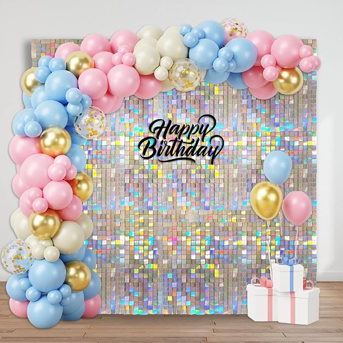 48 PCS Colorful Silver Shimmer Wall Backdrop, Square Sequin Photo Backdrops Panel, Glitter Wall Background for Birthdays, Weddings, Christmas, Engagements, Disco Bachelorette Party Decoration (6x8FT)