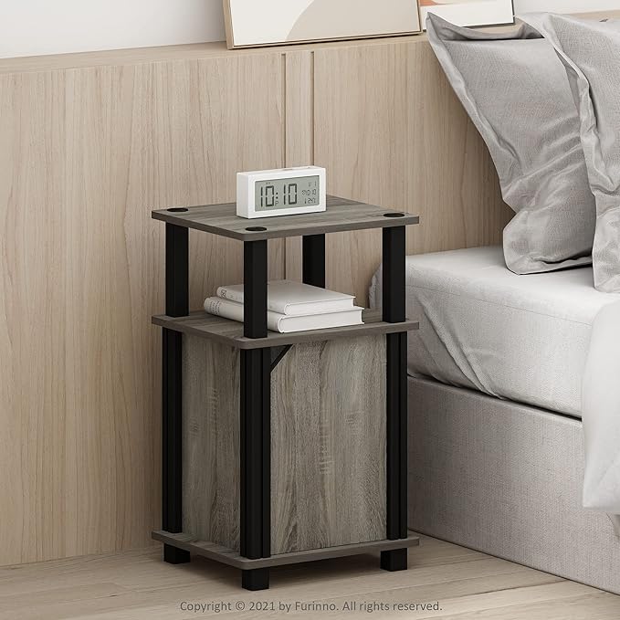 Furinno Brahms 3-Tier End Side Sofa Table/Nighstand with Door, 2-Pack, French Oak/Black