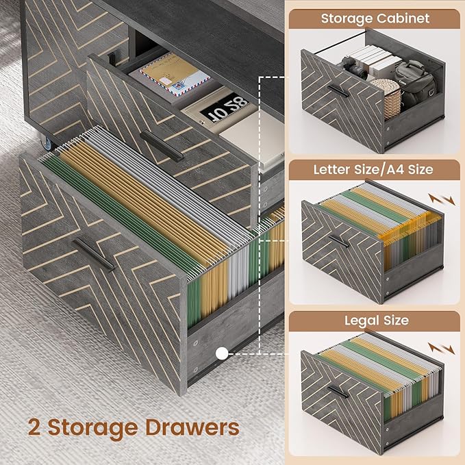 SEDETA 71" Executive Desk with Rolling File Cabinet, Large Office Desk with Drawers, L Shaped Computer Desk with Power Outlets, CPU Stand, Pegboard and Storage Shelves, Gray