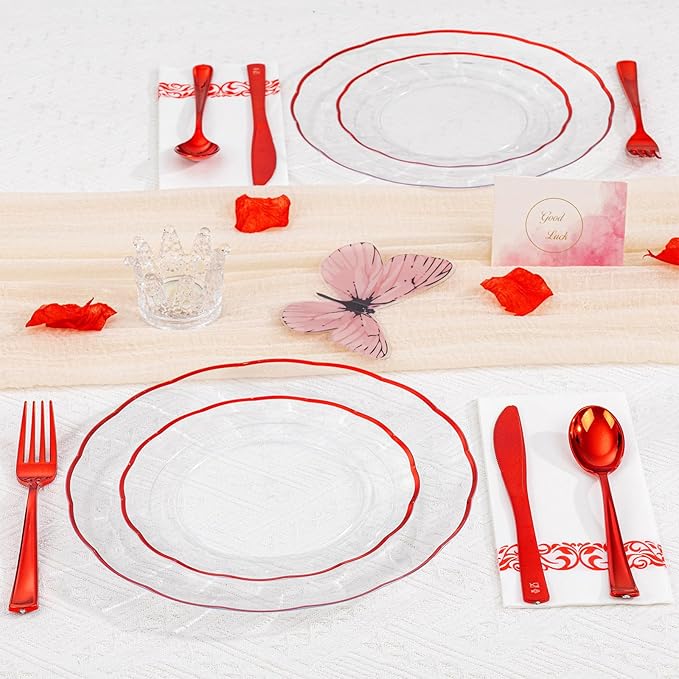 LIYH 350 Pcs Red Plastic Christmas Dinnerware Set for 50 Guests, Disposable Plastic Red Plates for Christmas Day Include: Dinner & Dessert Plates, Napkins, Cups, Silverware for Party Birthday