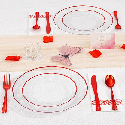 LIYH 350 Pcs Red Plastic Christmas Dinnerware Set for 50 Guests, Disposable Plastic Red Plates for Christmas Day Include: Dinner & Dessert Plates, Napkins, Cups, Silverware for Party Birthday