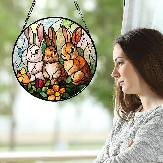 Stained Glass Window Hanging - 3 Cute Rabbits Suncatcher for Doors Garden Patio Bunny Sun Catchers Decor Christmas Mother's Day Birthday Teenager Gifts for Women Men Mom Nana Friend 15 in