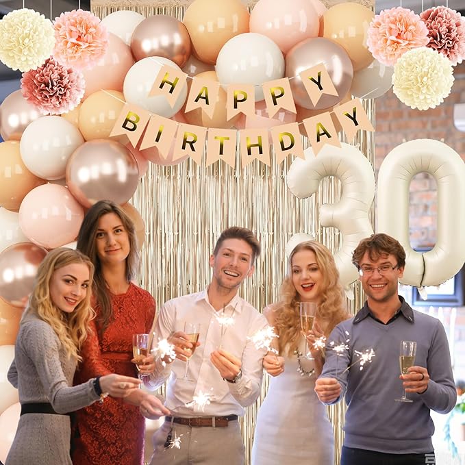 Beige 30th Birthday Decorations for Her Cream Number 30 Balloon Nude Gold Happy Birthday Banner Fringe Curtain Paper Pom Poms Blush White Sand Champagne Star Foil Balloons Neutral Boho Party Decor