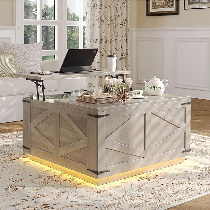Farmhouse Lift Top Coffee Table, Square Wood Center Table with LED Lighting, USB-C Charging Station, and Hidden Storage Compartment - Rustic Grey Living Room Furniture