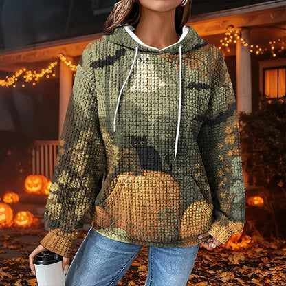 Halloween Sweatshirts for Women Novelty Graphic Drawstring Waffle Hoodies Loose Casual Pullover Tops with Pocket