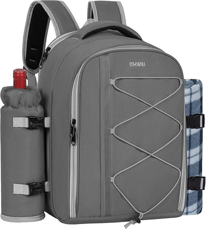 Picnic Backpack for 4 Persons with Insulated Leakproof Cooler Compartment, Cutlery Sets, Wine Holder, Fleece Blanket, Wedding Gifts for Couples, Perfect for Beach, Camping, Hiking, Grey