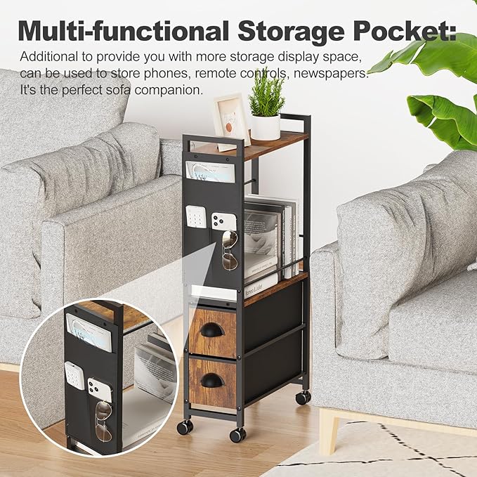 Small Narrow Side End Table, 2 Drawer Slim Nightstand Bedside Sofa Table with Wheels, Space Saving Rolling Skinny Thin Desk with Storage Bag for Bedroom Living Room Couch Bathroom Dorm