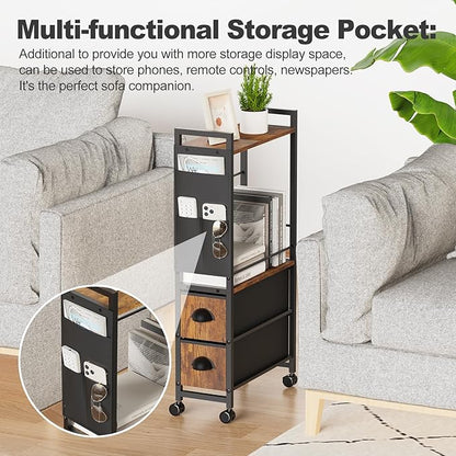 Small Narrow Side End Table, 2 Drawer Slim Nightstand Bedside Sofa Table with Wheels, Space Saving Rolling Skinny Thin Desk with Storage Bag for Bedroom Living Room Couch Bathroom Dorm