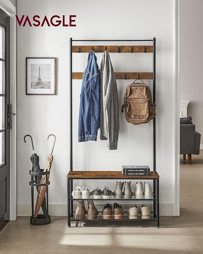 VASAGLE Coat Rack, Hall Tree with Shoe Storage Bench, Entryway Bench with Shoe Storage, 3-in-1, Steel Frame, for Entryway, 12.6 x 33.5 x 68.9 Inches, Industrial, Rustic Brown and Black UHSR401B01
