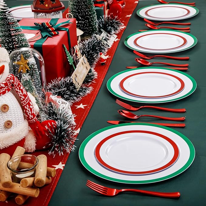 I00000 60PCS Christmas Plastic Plates, Red and Green Plastic Plates, Disposable Set Include 30 Green Dinner Plate, 30 Red Dessert Plate, Perfect for Christmas