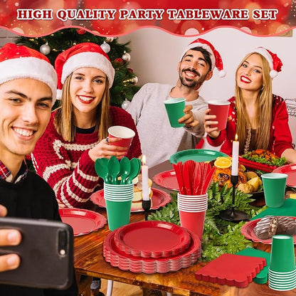 Vyntra 350 PCS Disposable Plates for Party, Paper Plates & Napkins Set with Cups, Knives, Forks, Spoons, 7'' Dessert and 9'' Dinner Plates for Christmas, Holiday Party - Red and Green