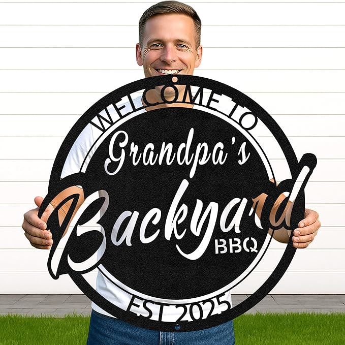 Personalized BBQ Party Metal Sign, Custom Name Grill Cut Wall Art for Patio, Rustic Backyard Barbecue Decoration Gift