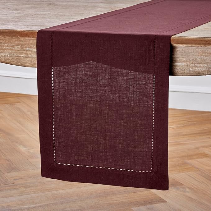 Solino Home Linen Burgundy Table Runner 72 Inches Long - 100% Pure Linen Hemstitch Table Runner 14 x 72 Inch for Dresser, Dining, Fall, Autumn, Winter, Thanksgiving, Christmas - Classic Hemstitch