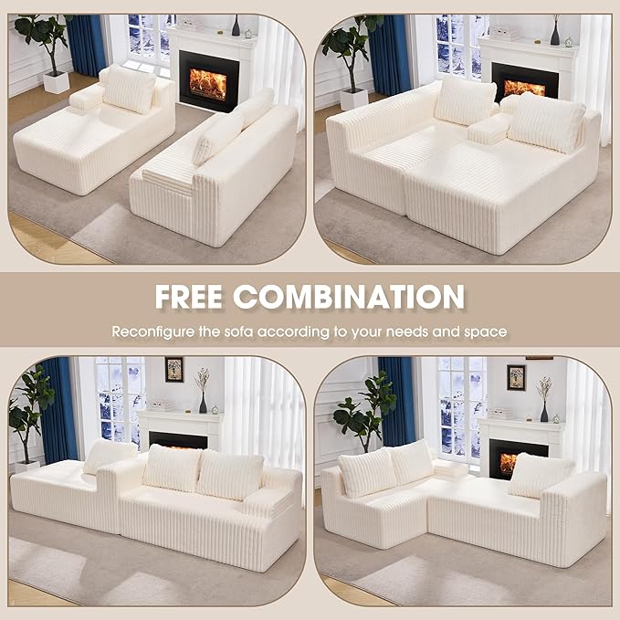 Modular Sectional Sofa Couches L-Shape Couch 3 Seat Modular Sofa Memory Foam Sectional Couches for Living Room, Cloud Couch with Oversized Chaise (White Stripe, 98" Left Facing Chaise)