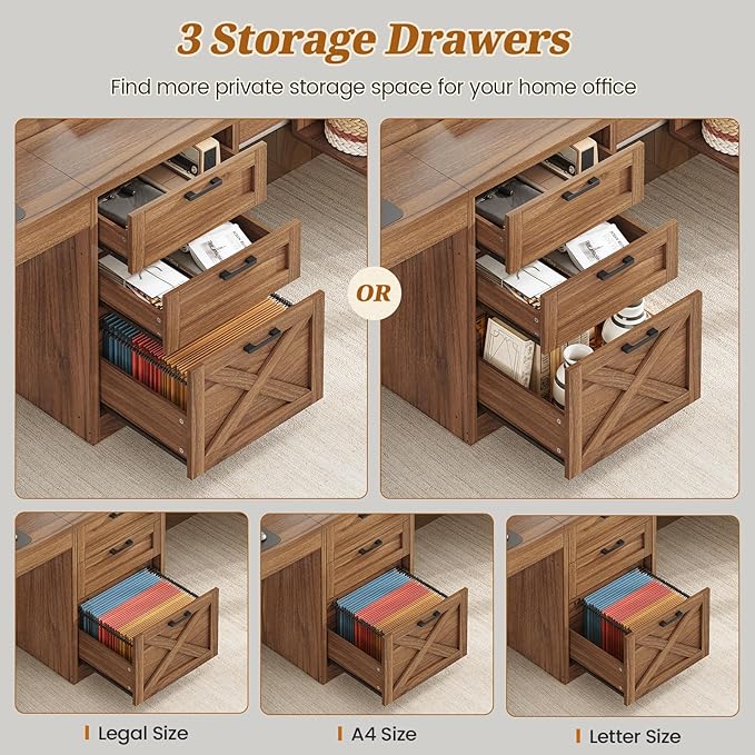SEDETA Farmhouse 96.5" Computer Desk with Drawers, 2 Person Home Office Desk, Gaming Double Desk with Storage Shelves, Long Two Person Writing Desk, Brown