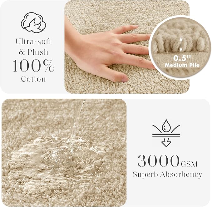 Madison Park Splendor Reversible 100% Cotton Tufted Bathroom Rug-3000 GSM Hotel Quality Luxurious Plush Medium Pile Bath Mat Absorbent, Quick Dry, Shower Room Décor, 24x72, Natural