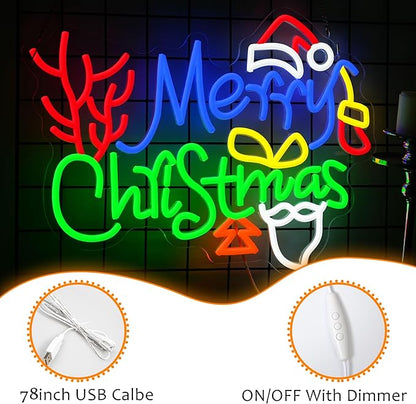 LISIGNVE Merry Christmas Neon Sign with Santa Hat Dimmable USB Powered Led Christmas Tree Stocking Light UP Sign for Home Bar Window New Year Party(16.5 * 12.4 In)