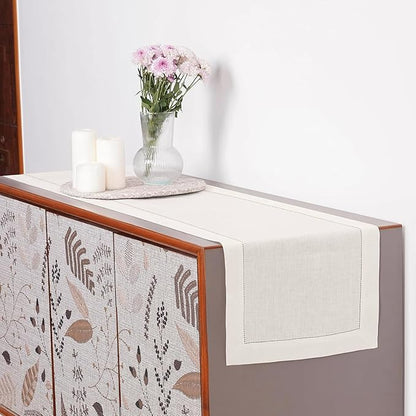 D'Moksha Homes Linen Ivory Table Runner 84 Inches Long - 100% Pure Linen Table Runner 14 x 84 Inch for Winter, Christmas, Holiday - Classic Hemstitch