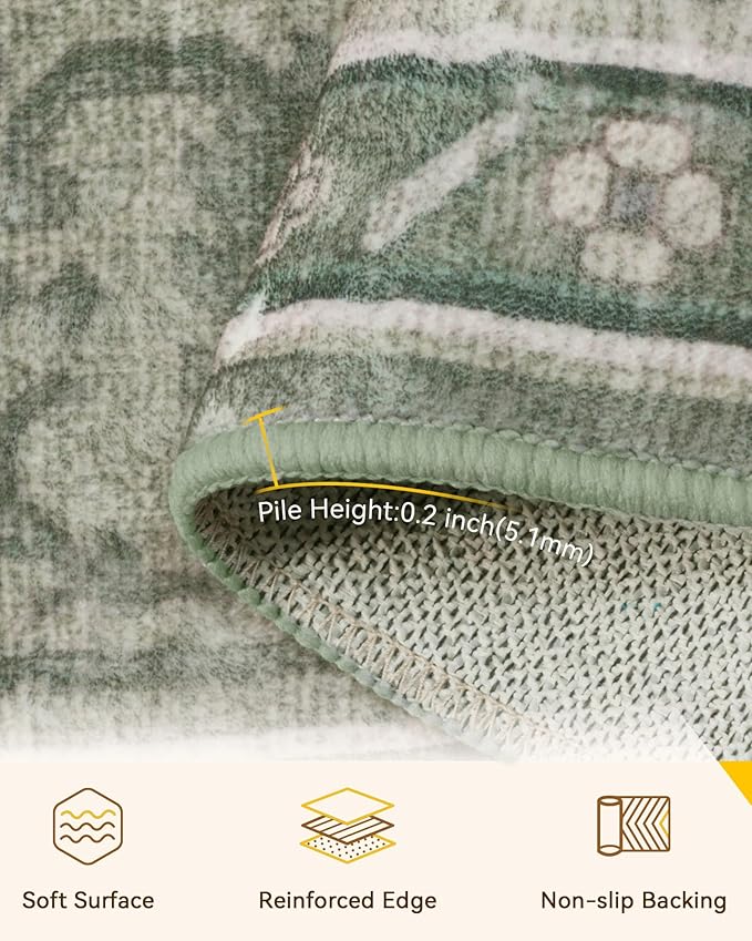 Area Rugs 6'x8' Washable Non-Slip, Floral Vintage Distress Print Pattern Medallion Carpet for Living Room Bedroom Dining Room, Dark Green Gray