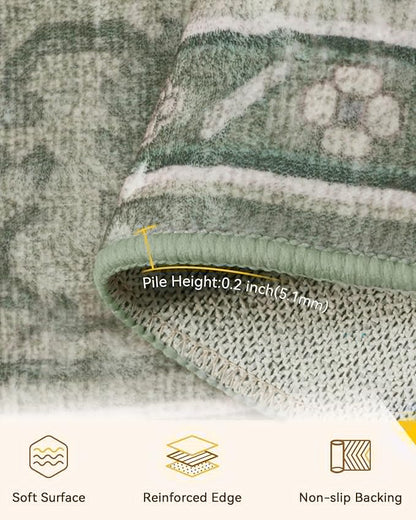 Area Rugs 9'x12' Washable Non-Slip, Floral Vintage Distress Print Pattern Medallion Carpet for Living Room Bedroom Dining Room, Dark Green Gray