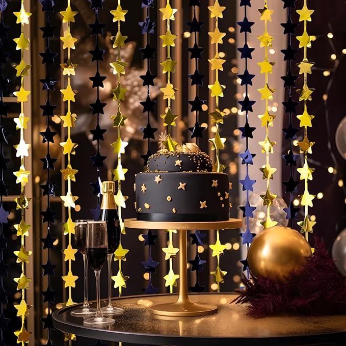 LOLStar Black and Gold Star Birthday Party Decorations 2Pack 3.3X6.6 ft Golden Photo Booth Props Backdrop Streamers Star Foil Fringe Curtains for New Year 2026 Decor Men Black Yellow Party Supplies