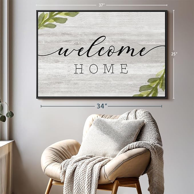 Elephant Stock Rustic Welcome Home Wall Art - Horizontal Floating Framed Canvas - 1-Piece Living Room Wall Decor - Digital Art Inspirational And Typography Canvas Print - Gray and Black Decor for Wall by Natalie Carpentieri - 37" X 25"