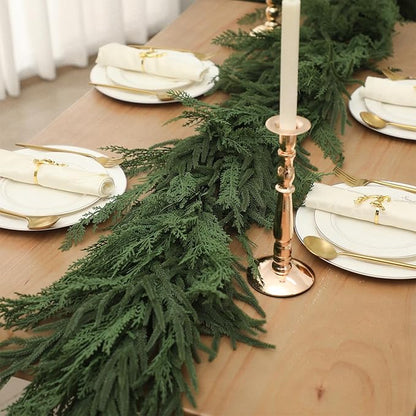 Jutom 1 PCS 9 ft Realistic Christmas Garland - Artificial Mix Norfolk Cypress Pine Needles Faux Green Garland Decorations for Table Mantel Winter Holiday, Indoor & Outdoor Decor