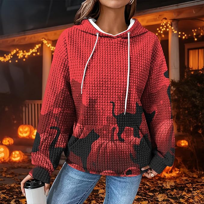 Halloween Sweatshirts for Women Novelty Graphic Drawstring Waffle Hoodies Loose Casual Pullover Tops with Pocket