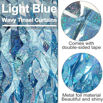 4 Pack Light Blue Fringe Curtain Backdrop 3.2Ft x 8.2Ft Metallic Tinsel Foil Fringe Streamers Background for Photo Booth, Easter, Mother's Day, Bachelorette, Wedding, Birthday Party Decoration