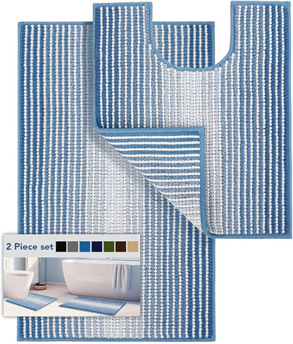 Bathroom Rugs Sets 2 Piece, Toilet Rugs U-Shaped, Contour Bath Mat Set for Bathroom, Soft Absorbent Chenille Bath Carpet, Quickly Dry, Washable (Blue, 32" x 20" + 24" x 20")