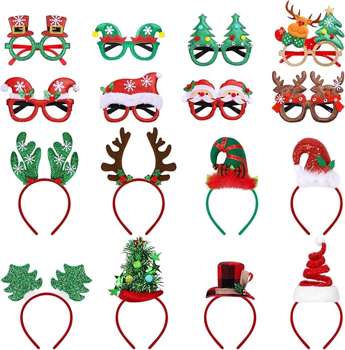 Aodaer 16 Pcs Christmas Party Favors, Christmas Glasses and Headbands Ornaments, Xmas Head Boppers and Glitter Eyewear Costume Accessories for Xmas Party Supplies & Photo Booth