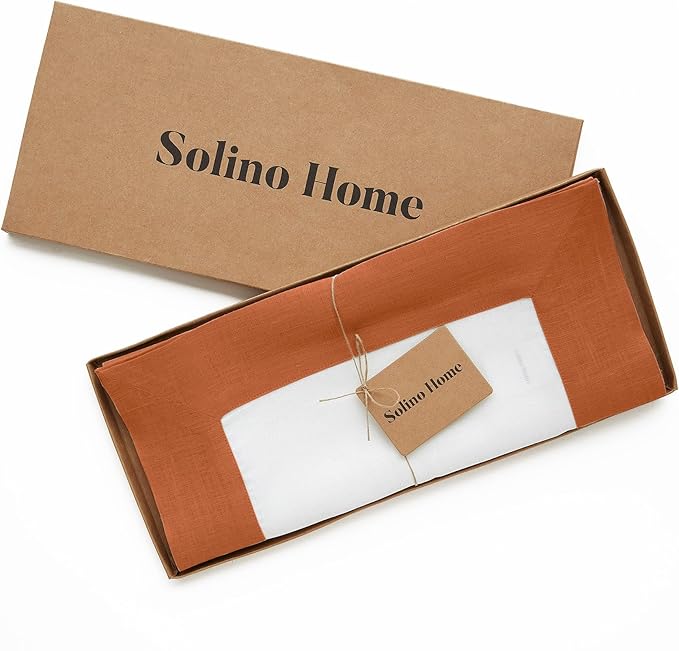 Solino Home Linen Table Runner 48 Inches - 100% Pure Linen Cinnamon and White Small Table Runner 14 x 48 Inch Ideal for Dresser and Coffee Tables - Contempo - Fall, Autumn