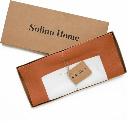 Solino Home Linen Table Runner 36 Inches - 100% Pure Linen Cinnamon and White Small Table Runner 14 x 36 Inch Ideal for Dresser and Coffee Tables - Contempo - Fall, Autumn