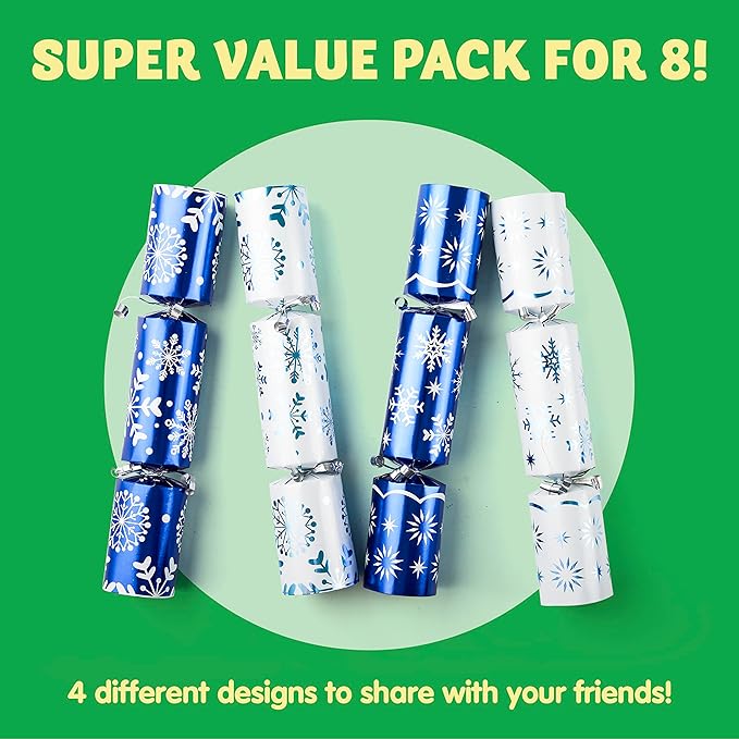 JOYN 8 Pack Christmas Non-Snap Party Table Favor with Blue & White Snowflake Design, with Party Hat, Joke & Little Gift Inside, for Xmas Gift, Christmas Seasonal Holiday Dinner Traditions