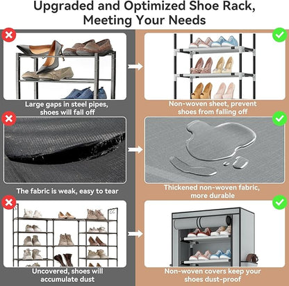ROJASOP Shoe Rack with Covers 10 Tier Large Shoe Organizer Tall Shoe Closet Storage for 20-22 Pairs Shoe and Boot, Free Standing Shoe Rack Organizer for Closet, Entryway, Bedroom, Grey