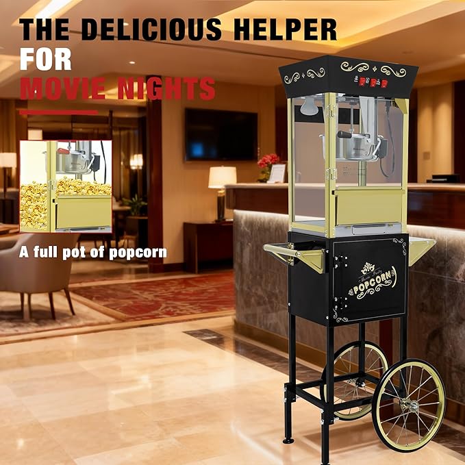 Black Vintage Commercial Popcorn Machine with Cart & Warmer Light - 12oz Stainless Steel Popper Makes 60 Cups for Theater, Parties & Home Use