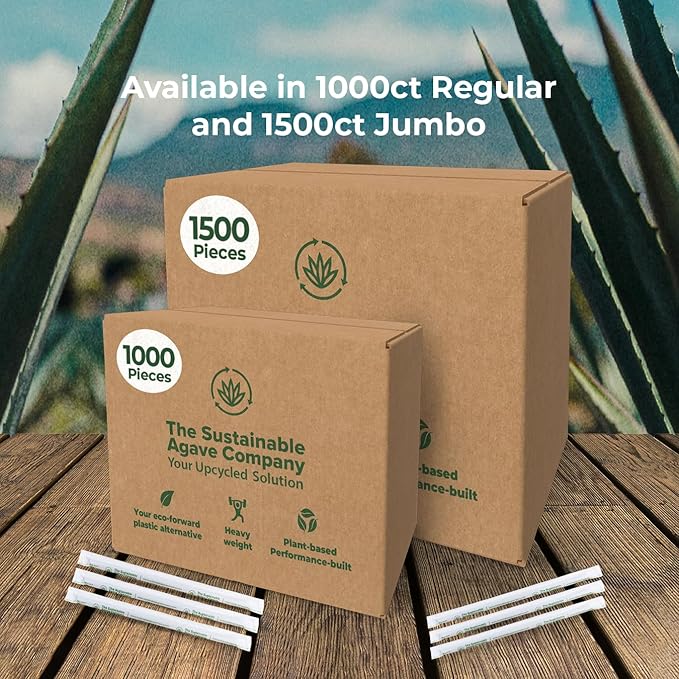 Sustainable Agave Co - Agave Fiber Individually Wrapped Drinking Straws - 1000 Count - Plant-Based, Made With Upcycled Materials, Reusable - Brown, Jumbo, 8"