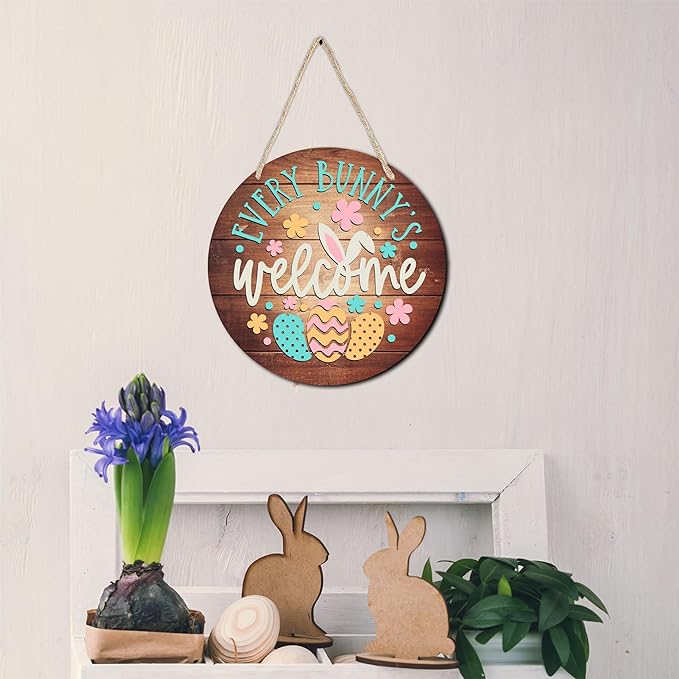 10" Easter Round Wooden Hanging Sign With Sisal Rope - Every Bunny Welcome Wooden Plaque For Front Door, Porch, Outdoor Indoor, Farmhouse Wall Decor Party Favor & Decorations - B06