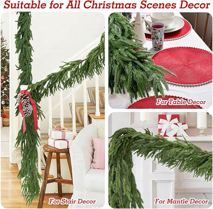 9FT Christmas Artificial Norfolk Pine Garlands for Mantle Fireplace, Real Touch Faux Greenery Pine Garland for Holiday Xmas Decorations