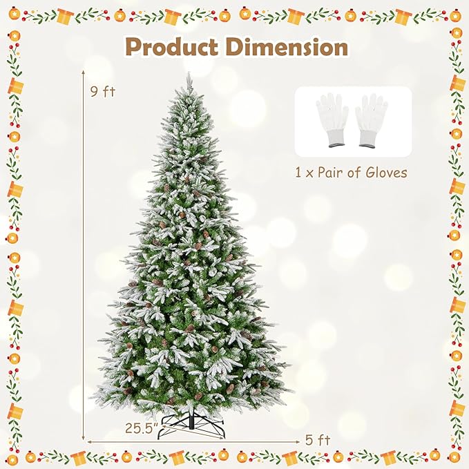 GOFLAME 9FT Pre-Lit Artificial Christmas Tree, Snow Flocked Xmas Tree with 1871 Branch Tips, 690 Warm White LED Lights, 117 Pine Cones, Holiday Decoration Tree for Home Office Party