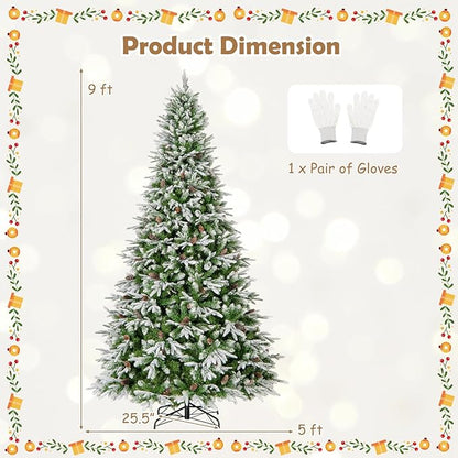 GOFLAME 9FT Pre-Lit Artificial Christmas Tree, Snow Flocked Xmas Tree with 1871 Branch Tips, 690 Warm White LED Lights, 117 Pine Cones, Holiday Decoration Tree for Home Office Party