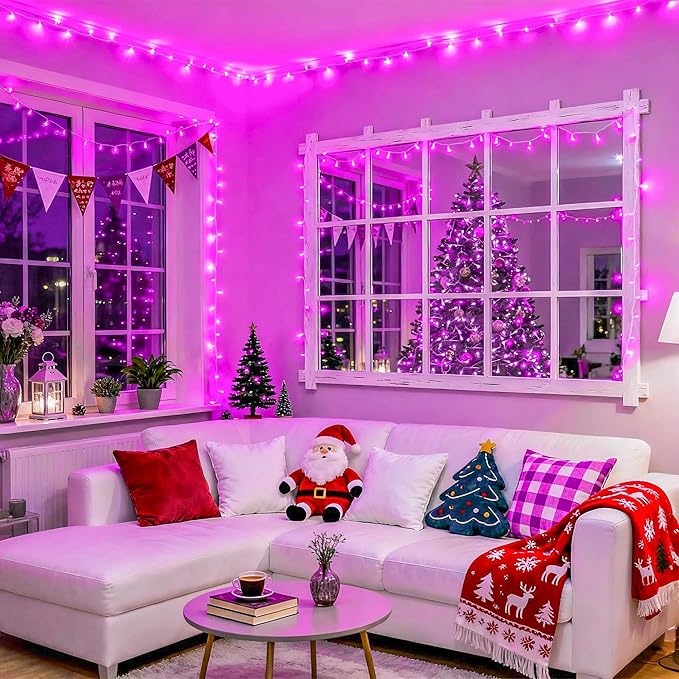 JMEXSUSS Connectable 100 LED Pink Christmas Lights, 33ft 8 Modes Room Lights Clear Wire, Plug in Pink String Lights Indoor Outdoor for Room Decor Christmas Tree Bedroom Valentines Party