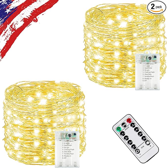 2 Pack Total 40FT 120LED Fairy Lights Battery Operated with Rmote, Waterproof Twinkle Lights with Timer Indoor Outdoor, Cuttable String Light for Bedroom, Classroom, Wedding, DIY, Christmas Decor