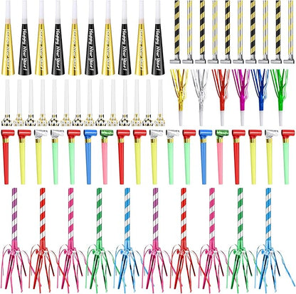 Lenwen 200 Pcs New Years Eve Noisemakers Party Favor 2026 Happy New Year Gold Silver Blower Horns Whistles Party Supplies for Birthday Celebration Sporting Events(Colorful)