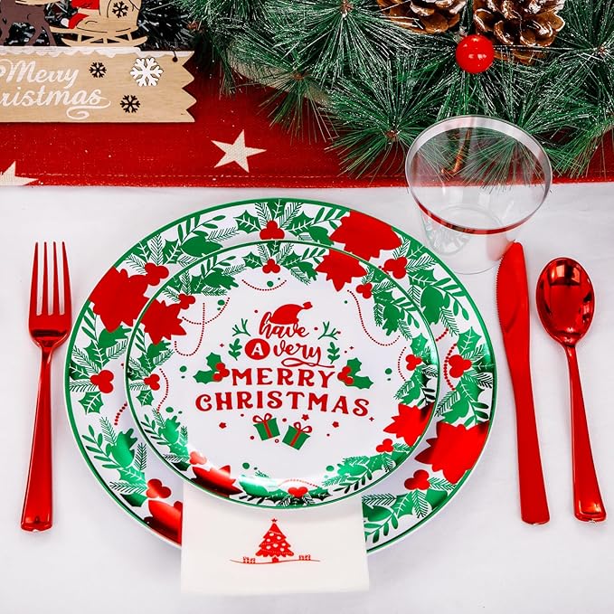 Liacere 175Pcs Christmas Plastic Plates - Green and Red Plastic Plates - include 50 Christmas Plate 25 Cups 75 Plastic cutlery 25 Tree Napkins - Suitable For All Kinds Of Holidays