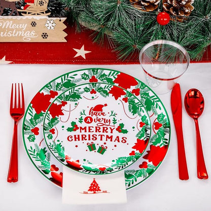 Liacere 175Pcs Christmas Plastic Plates - Green and Red Plastic Plates - include 50 Christmas Plate 25 Cups 75 Plastic cutlery 25 Tree Napkins - Suitable For All Kinds Of Holidays