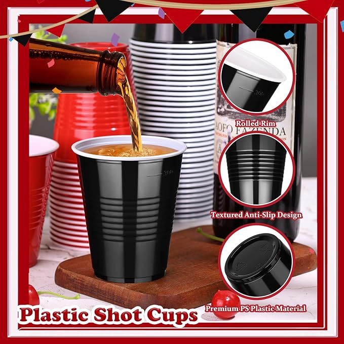 KesaPlan 100 PCS 12 OZ Plastic Cups, Happy New Year Party Cups Black and Red Cups Disposable Drinking Cup Bulk For Christmas Graduation Wedding Birthday Halloween Family Gathering Festive Celebrations