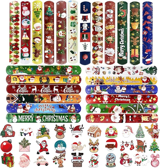 99pcs Christmas Decorations Set – 24PCS Slap Bracelets and 75PCS Stickers, Bulk Christmas Gifts and Party Favors, Fun Holiday Wristbands for Festive Gifts & Stocking Stuffers