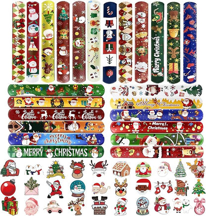 99pcs Christmas Decorations Set – 24PCS Slap Bracelets and 75PCS Stickers, Bulk Christmas Gifts and Party Favors, Fun Holiday Wristbands for Festive Gifts & Stocking Stuffers