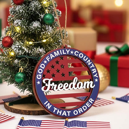 United States 250th Anniversary Ornament, Wooden 250th Anniversary USA Christmas Tree Ornament, 250 Patriotic American Flag Christmas Ornaments, Gift for US Citizens, Patriotic Collectors (Freedom)